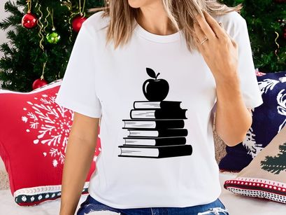 Classic Stack of Books with Apple Symbolizing Education, Knowledge, and Learning. Simple Black and White Vector Illustration for Academic Concepts.