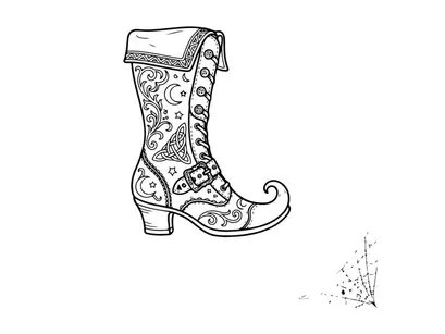 Ilustrasi sepatu bot elf vintage buatan tangan. Sketsa alas kaki fantasi yang menyenangkan dengan ujung melengkung dan pola rumit.