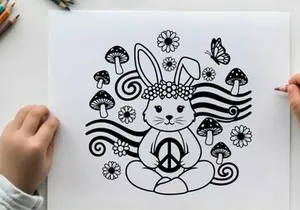 Peaceful silhouette bunny with flowers and mushrooms