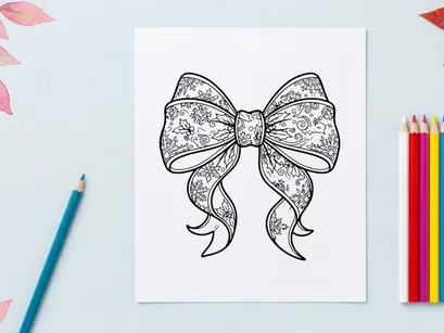 Decorative Christmas bow with floral pattern line art illustration for holiday design.