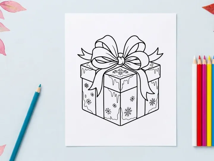 Christmas gift box with ribbon bow, black and white line art coloring page illustration.