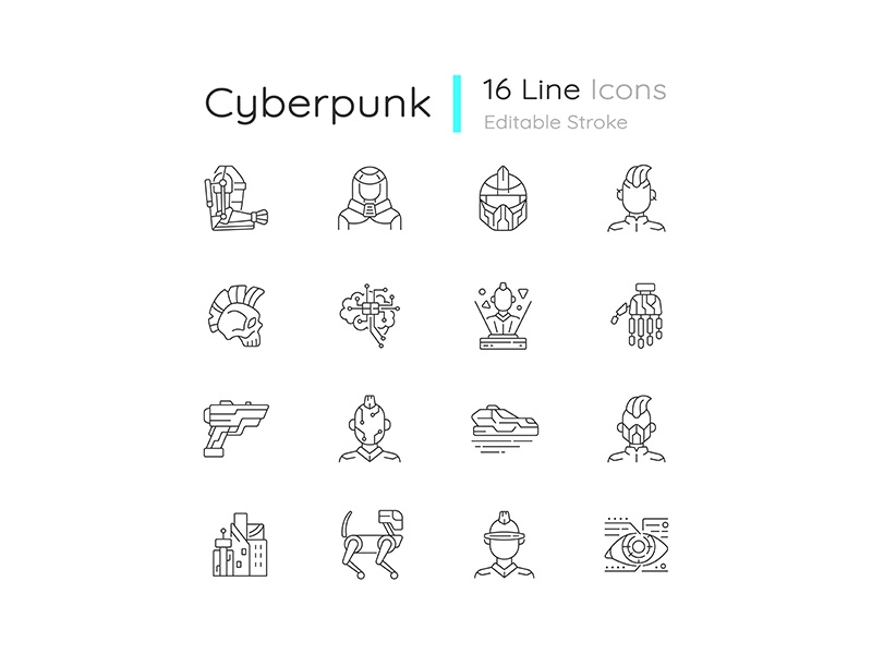 Cyberpunk linear icons set