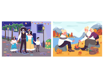 Family activity flat color vector illustration set preview picture