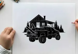 Silhouette of a pickup truck in front of a house with trees