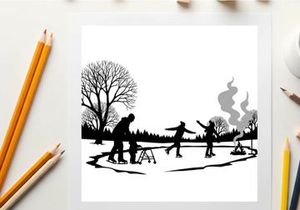 Winter scene silhouette of people ice skating and having fun outdoors