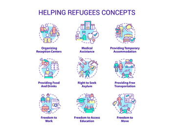 Helping refugees concept icons set preview picture