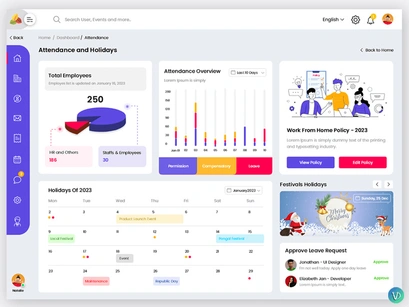 Admin Dashboard Attendance and Holidays Page Web UI Template