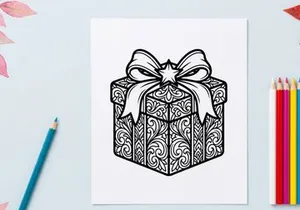 Christmas gift box with ornate floral pattern and bow, black and white line art illustration