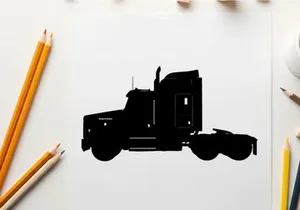 Silhouette of a semi truck against a white background