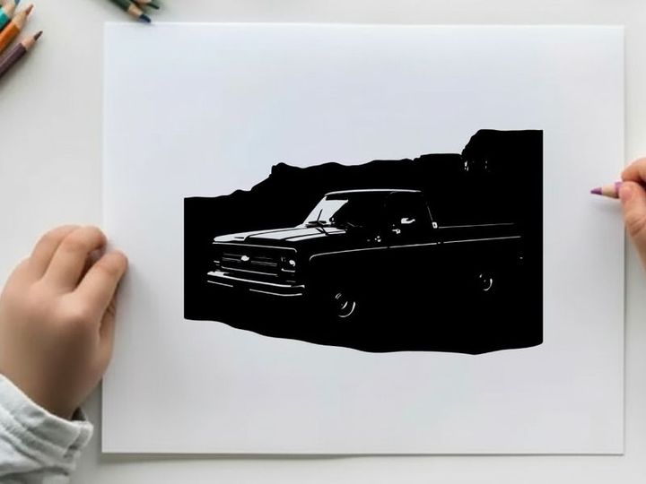 Silhouette of a classic pickup truck in front of mountains