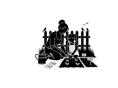 Silhouette of a woman and child planting seeds in a garden