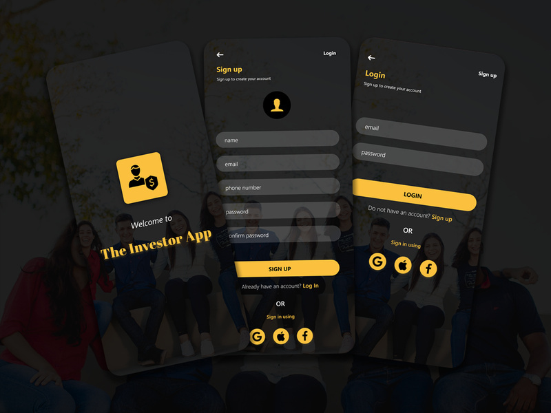 Investor app initial screens, signup and login concept