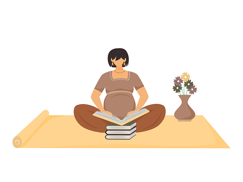 Pregnant woman reading book flat vector illustration