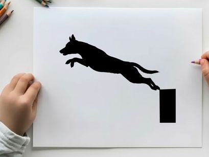 Dog jumping silhouette in mid air against white background