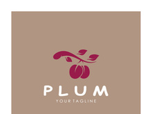 plum fruit logo with leaves, design of plum plantation, fruit shop, plum products, with simple vector editing