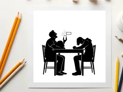 Silhouette of family sitting at a table with a child playing