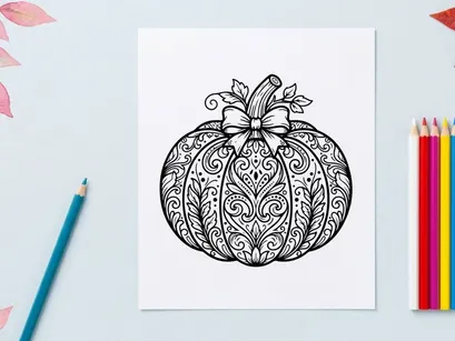 Hand-drawn ornate pumpkin illustration for autumn and Halloween designs. Intricate black and white sketch of a decorative fall gourd with floral mo...