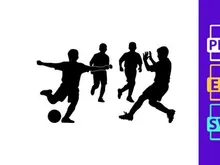 Silhouette of soccer players in action kicking and running with ball