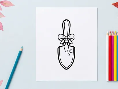 Pala de jardín con un lazo. Icono de pala de mano adorable para diseño de jardinería o Halloween.