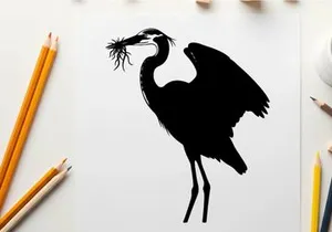 Silhouette of a heron building a nest with twigs and branches