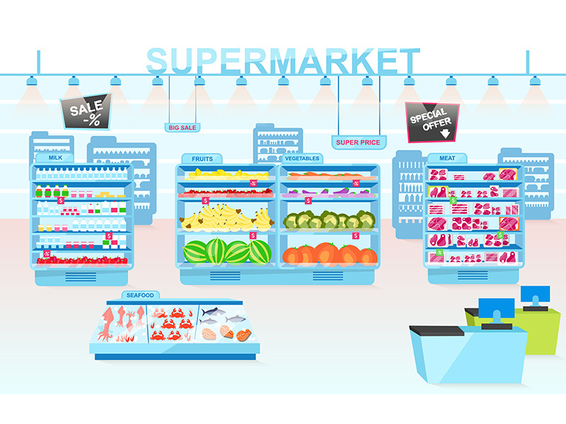 Supermarket departments flat vector illustration
