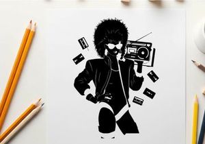 Retro silhouette of a woman with a boombox and cassette tapes