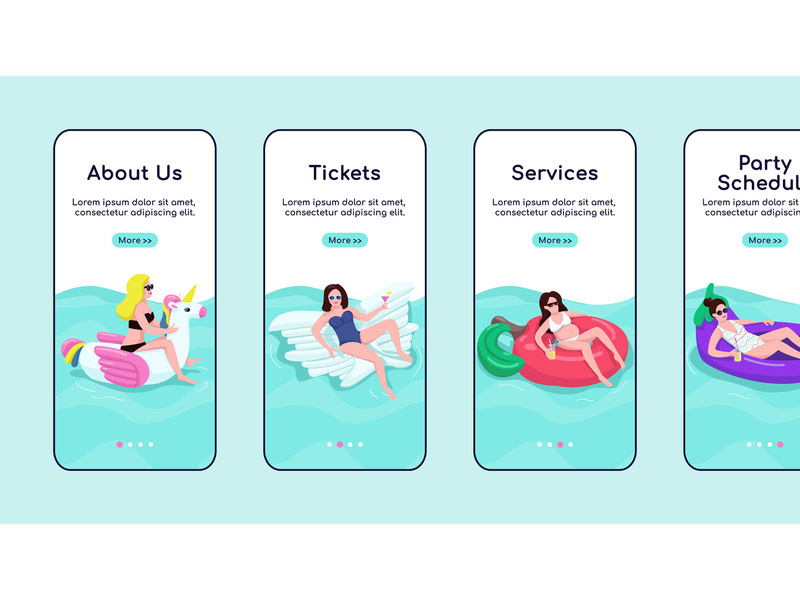 Pool party services onboarding mobile app screen flat vector template