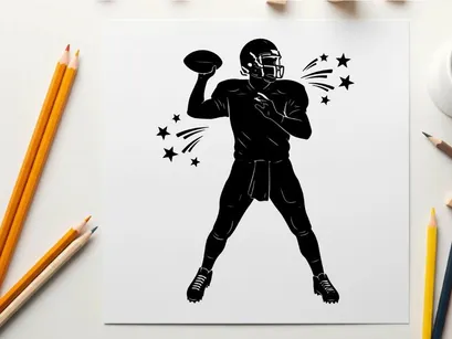 Football player silhouette throwing a ball with dynamic stars