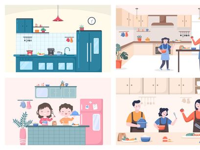 16 Kitchen Room with Furniture Background Vector Illustration