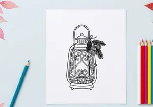 Ilustrasi seni garis lentera Natal dengan cabang dan kerucut pinus untuk desain hari raya