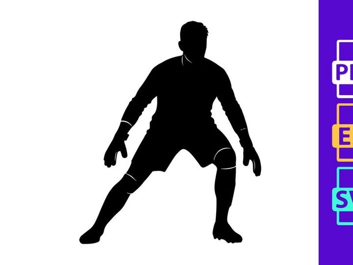 A male figure in a dynamic stance with arms extended and legs apart