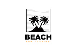 Coconut Tree Logo With Beach Atmosphere, Beach Plant Vector, Sunset View Design