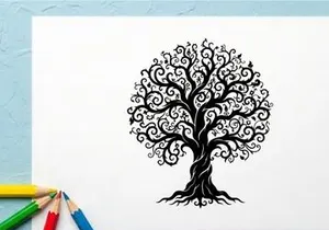 Silhueta decorativa preta em estilo estilizado de árvore com galhos intrincados e sinuosos