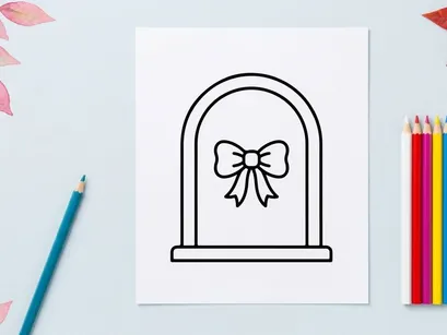 Elegant bow illustration on arched frame. Classic decorative ribbon vector design for invitations and crafts.