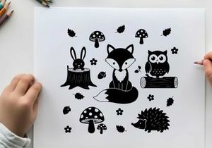 Whimsical forest creatures in silhouette with mushrooms and flowers