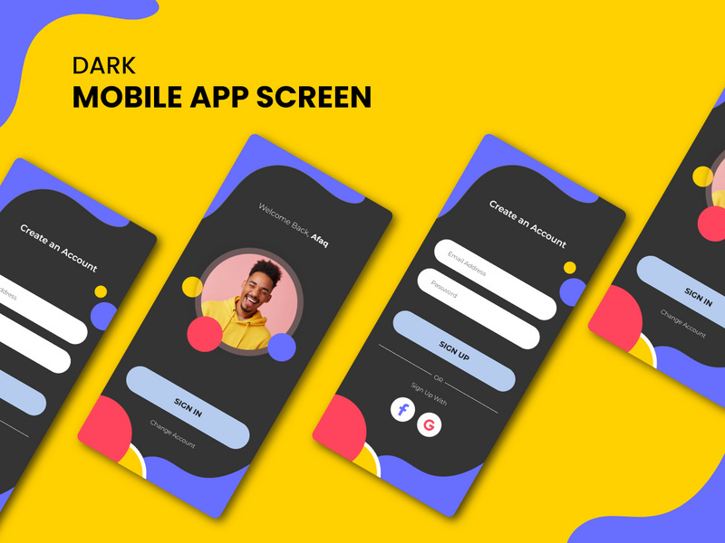 Mobile app screen design in dark color