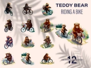 Bear riding a bike in floral countryside road, isolated in white background.