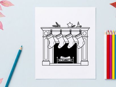 Line art illustration of a fireplace with Christmas stockings