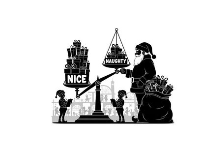 Santa claus weighs hearts in a silhouette scene