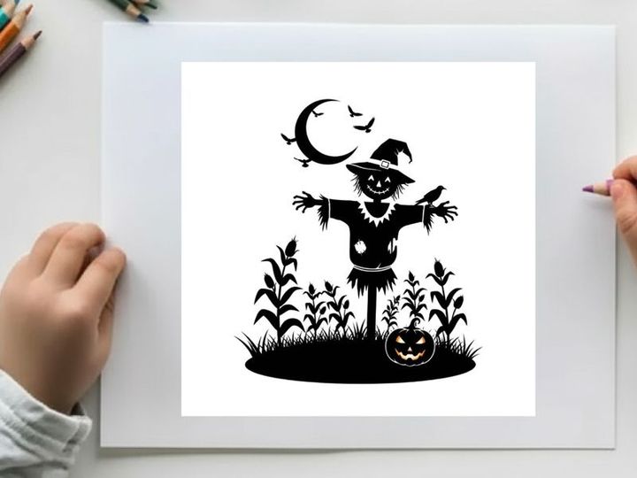 Halloween silhouette of scarecrow in cornfield under crescent moon