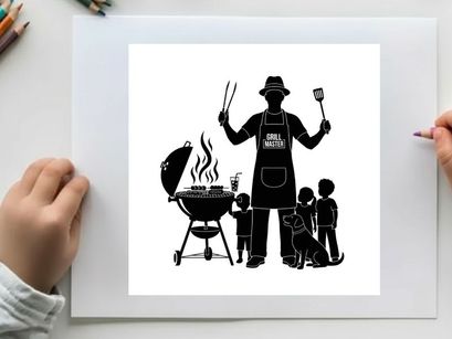 Silhouette of a man grilling with kids and dog