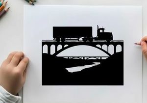 Truck crossing bridge silhouette against white background