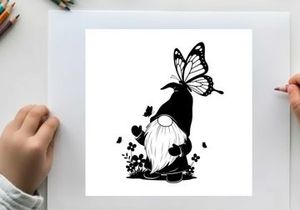 Silhouette of a gnome with a butterfly and hearts