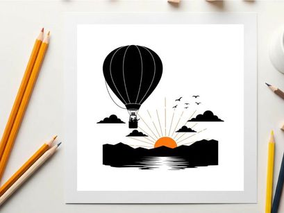 Hot air balloon silhouette at sunrise over serene landscape