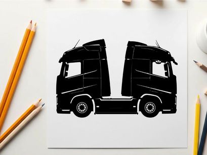 Silhouette of a semi truck with two driver cabins