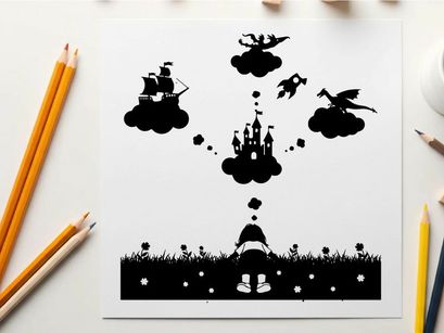 Whimsical silhouette of fantasy world with castle and flying creatures