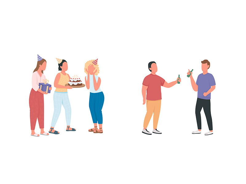 Friends at birthday party flat color vector faceless characters set