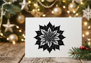 Black and white poinsettia flower illustration, hand drawn botanical Christmas design
