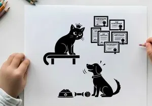 Silhouette of cat and dog with certificates on wall