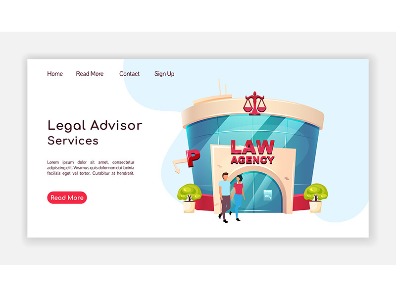 Legal advisor services landing page flat color vector template